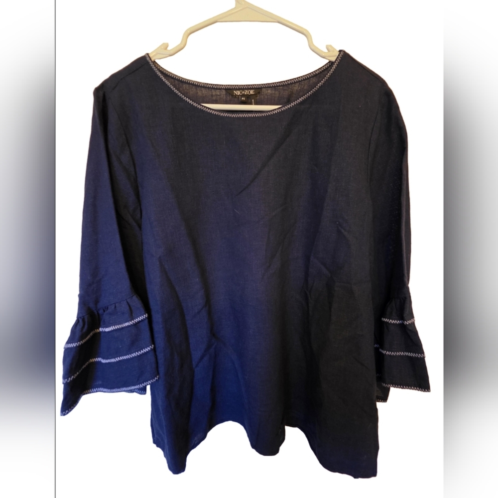 Nic + Zoe Bell Sleeve Linen Blend Blouse in Dark Indigo Size Petite Small NWT